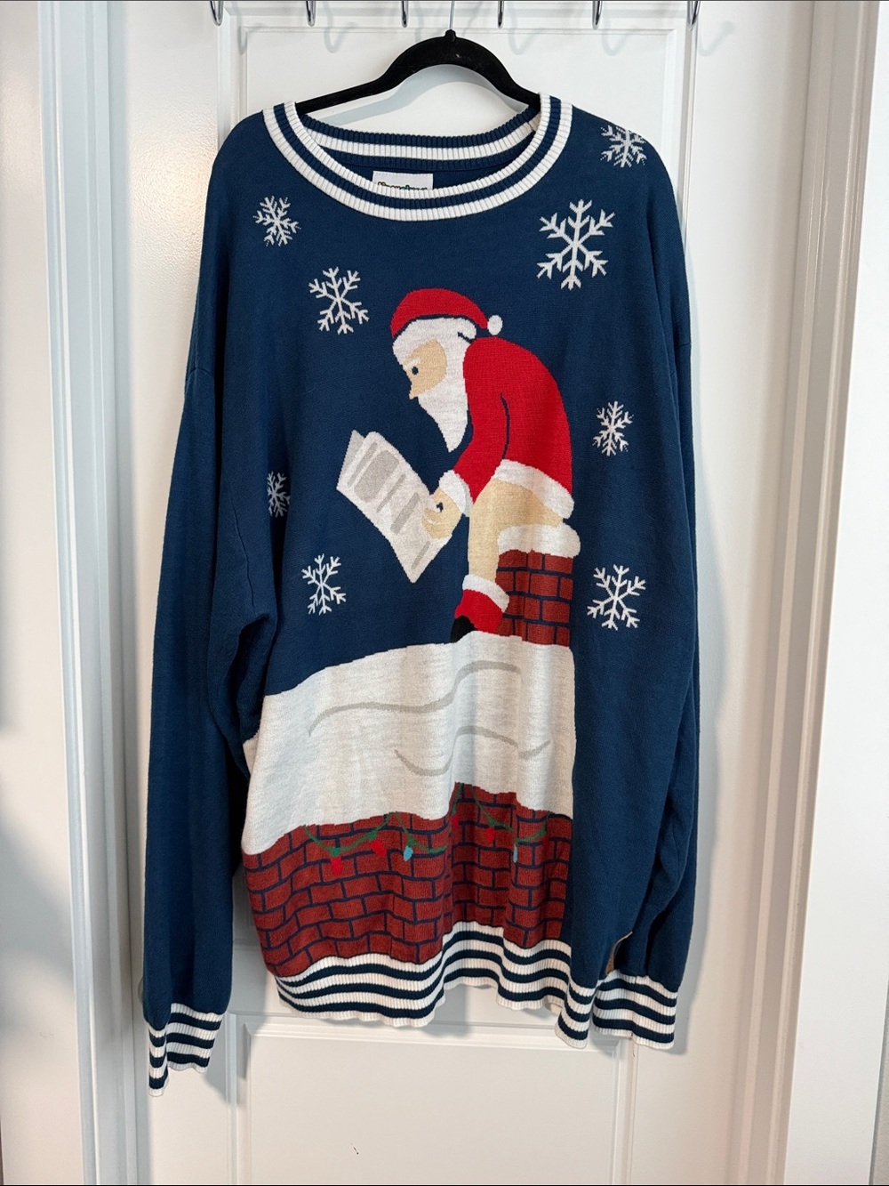Tipsy Elves Navy Ugly Christmas Sweater Crewneck with Santa and Snowflake Motif